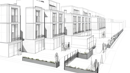 Pen sketch of project for modern minimalistic multi purpose buildings. Generative Ai