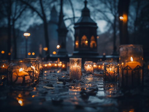 Nighttime scene of cemetery candles burning on All Saints' Day