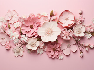 Top view captures flower arrangement on pink pastel