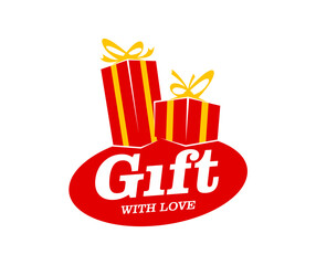 Gift box icon, birthday vector emblem, features red, wrapped present packages with yellow bows on top, symbolizing celebration, love, surprise and joy. Holiday label for anniversary, or festive event