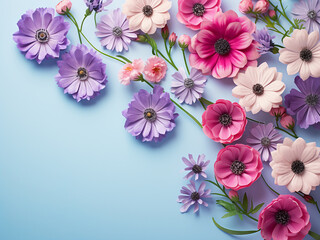 Pink and purple flowers arranged flat on pastel blue