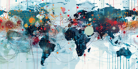 Abstract digital illustration of a world map with vibrant colors and intricate details, concept of global network and connectivity