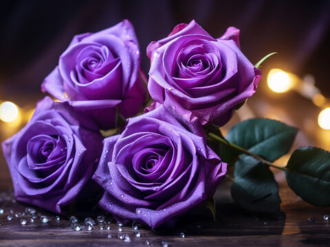 Foreground features three striking purple roses