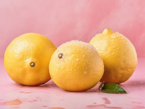 Three lemons positioned on marbled pink backdrop