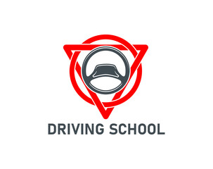 Driving school icon of car steering wheel and road signs, vector symbol. Driving school or driver instructor emblem with red road signs for automobile or vehicle transportation and education service