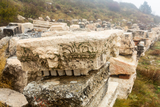 Architectural and sculptural details of remains at archaeological site of ancient city of Sagalassos in southwestern Turkey