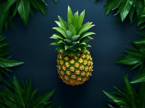 Top-down view of pineapple with tropical leaves