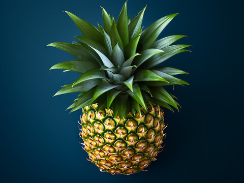 Fresh pineapple and tropical leaves on dark blue