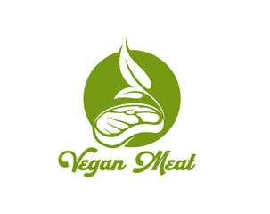 Vegan meat icon of vegetable steak and plant leaf for cuisine or product package, vector emblem. Healthy organic vegetarian and eco food icon of vegan meat steak for shop or store and vegan menu sign
