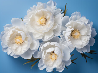 A captivating sight white peonies grace a blue canvas from above