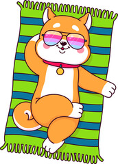 Cartoon japanese kawaii shiba inu sunbathing on the beach. Isolated vector cute and happy dog character, pet personage, cool animal wear rainbow sunglasses lying on back. Canine puppy relaxing on mat