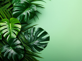 Tropical jungle vibes monstera leaves on a pastel pink backdrop, ideal for copy