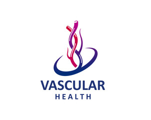 Vein vascular health icon. Isolated vector emblem of blood circulation and cardiovascular wellness. Artery symbol for clinic, features intertwined capillary vessels in red, purple and blue colors - obrazy, fototapety, plakaty