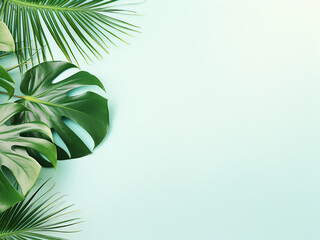 Light pastel background serves as a canvas for tropical leaves in a flat lay - obrazy, fototapety, plakaty