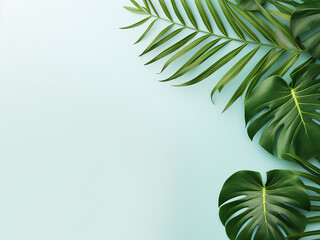 Top view flat lay of tropical leaves and monstera on a light pastel backdrop