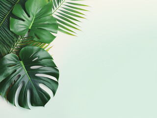 Copyspace available on a light pastel background adorned with tropical foliage