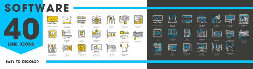 Software and hardware line icons of computer PC and laptop components, vector symbols. Digital software or computer hardware icon of CPU processor and HDD drive disk, SSD memory storage or motherboard