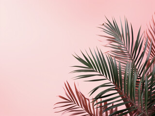 Fototapeta na wymiar Pastel pink background hosts tropical leaves in a minimal concept