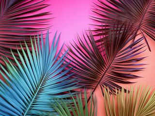 Top view flat lay of vibrant palm leaves on a pink background