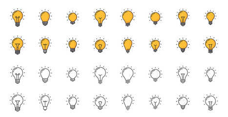 Light bulb line icons, lightbulb creative idea symbols, convey innovation and creativity, illumination, imagination, bright insights and innovative thinking. Vector set of color and monochrome lamps