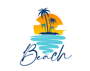 Tropical summer beach icon with palm trees on island, radiant sun and blue sea waves. Isolated vector emblem embodying the essence of paradise, travel, tourism, vacation and relaxation on resort
