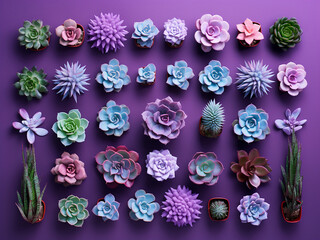 Succulents of different varieties showcased on a purple background with space for text