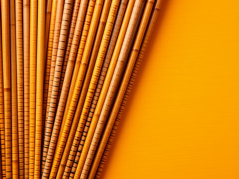 Assortment of bamboo knitting needles showcased on yellow and orange backdrop