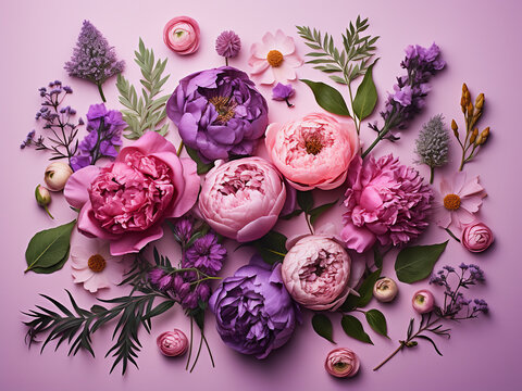 Summer flowers spread out in a flat lay composition on a pastel pink background