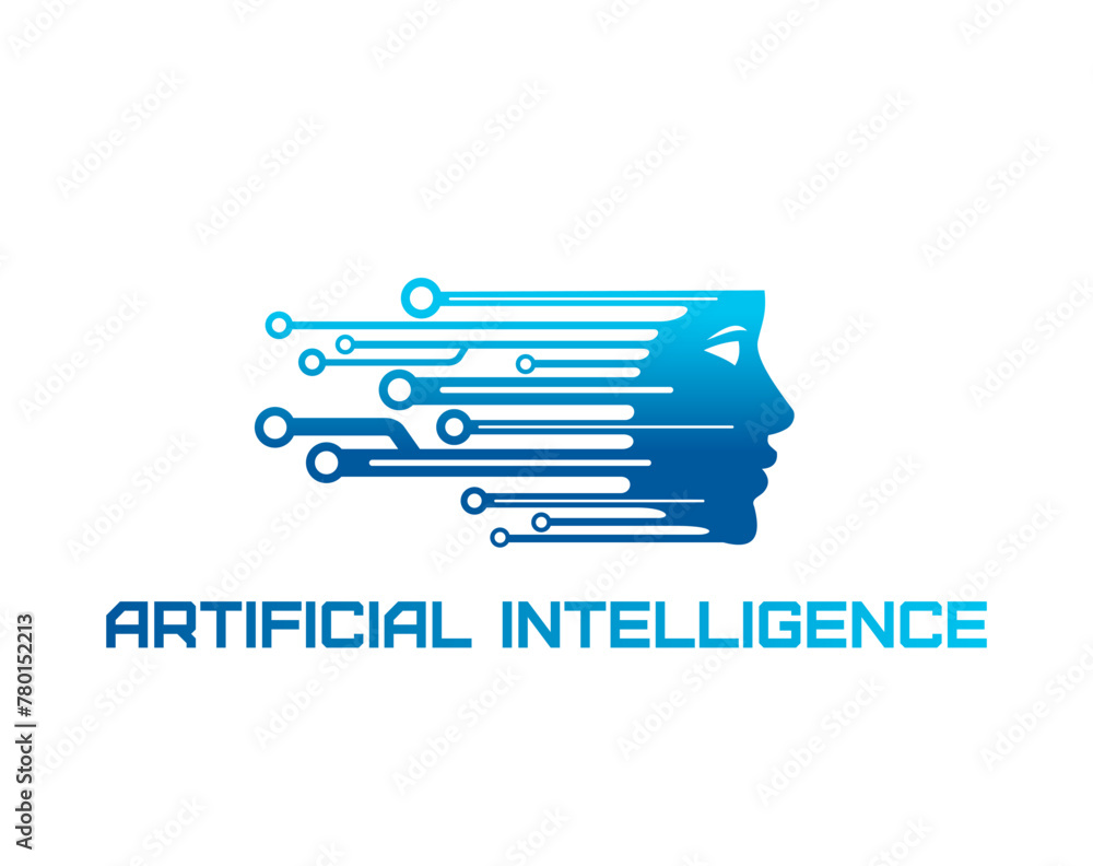 Aufkleber AI artificial intelligence icon, data technology. Isolated vector emblem with stylized human or robot head profile with nodes or circuits, symbolizing neural networks and machine learning algorithms