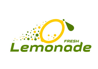 Lemonade icon for juice drink or lemon fruit beverage, vector label. Lemonade sign of lemon fruit outline with sparkling water bubbles splash and green leaf for citrus drink or soda product package