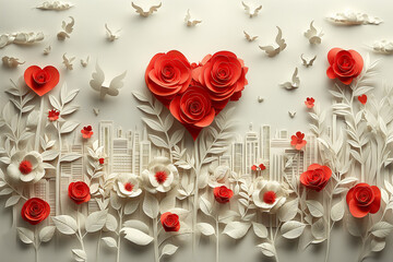 A paper flower bouquet with a red heart in the center