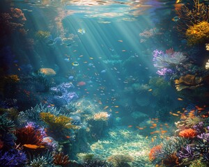 Discover the enchanting depths of the ocean with vibrant coral reefs bustling with marine life, illuminated by gentle sunlight filtering through.