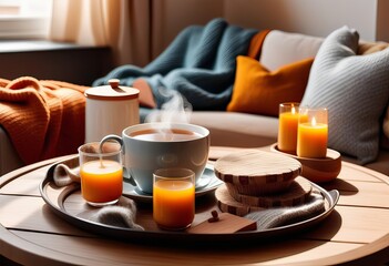 A Captivating Still Life of Home Interior with Sweaters, Tea, and Sunlight