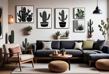 Stylish Living Room with Cactus Decor and Modern Art Accents