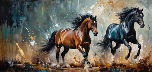 Horses in the field painting - obrazy, fototapety, plakaty