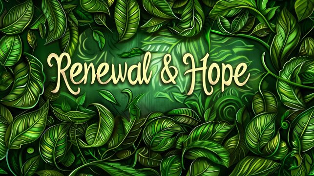 Phrase "Renewal & Hope" written in modern fonts surrounded by swirling green leaves for Earth or Environment day