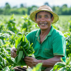 a filipino farmer in a field of tobacco is smiling and holding a large green tobacco leaf