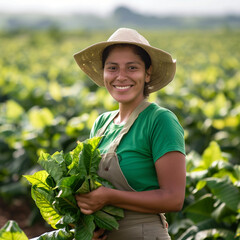 a mexican farmer in a field of tobacco is smiling and holding a large green tobacco leaf