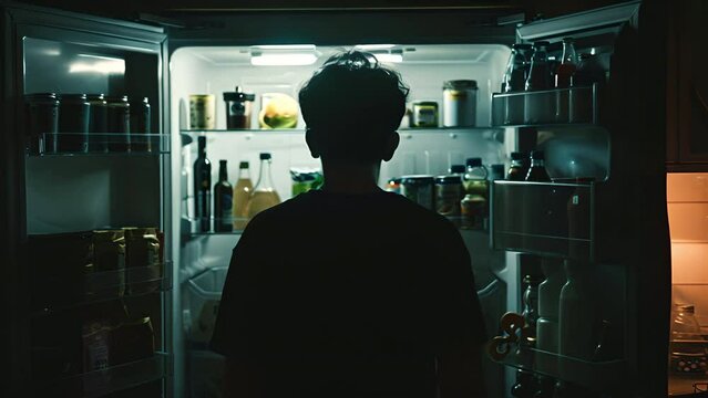 Man in silhouette from the light from his refrigerator as he contemplates eating something