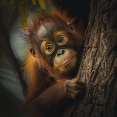 photo of baby orangutan playing in the tree