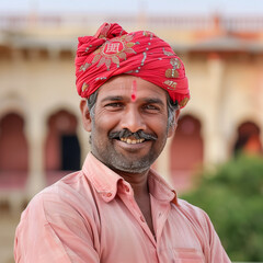 A man wearing a turban in Rajasthan, India, smiles with a castle in the background