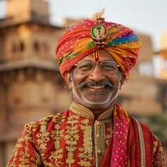 A man wearing a turban in Rajasthan, India, smiles with a castle in the background