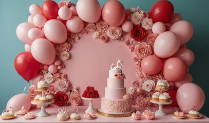 make a pastel pink cakes mash backdrop with pastel red ballons arcade and flowers and swans
