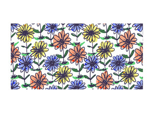 Bright childish seamless pattern with sketch hand drawn yellow, purple and orange little daisy flowers with grass. Cute floral red and blue print for kids textile, wallpaper, surface design