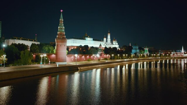 Moscow embankment overlooking the Kremlin at night. City landscape. High quality 4k footage