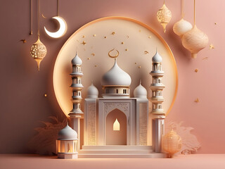 Ramadan Kareem background design. Vector illustration with mosque and moon, place for text greeting card and banner, lantern Islamic, Eid Mubarak. Holiday festival, banner