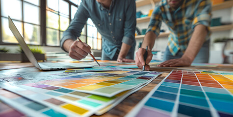 Two Graphic designers Strategizing Over Color Swatches for a Bold Marketing Campaign in bright office