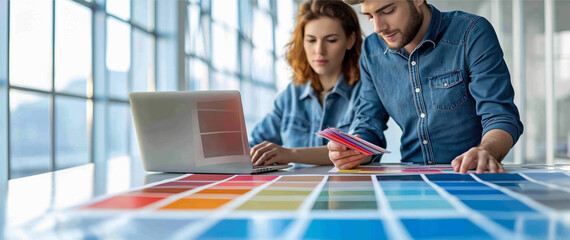 Design Collaboration: Two Professionals Reviewing Color Palettes for Creative Project in bright modern office