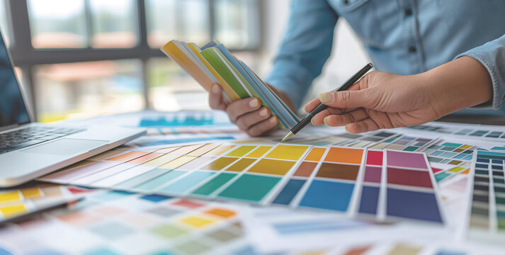 Two Focused Graphic Designers Choosing Color Swatches for Creative Branding with Laptop on Desk - Powered by Adobe
