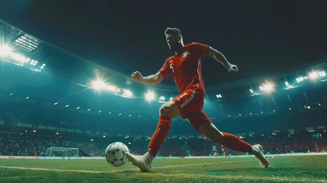 Football or football player runs fast and kicks the ball while practicing at the stunning stadium, dynamic poses of skill development success.